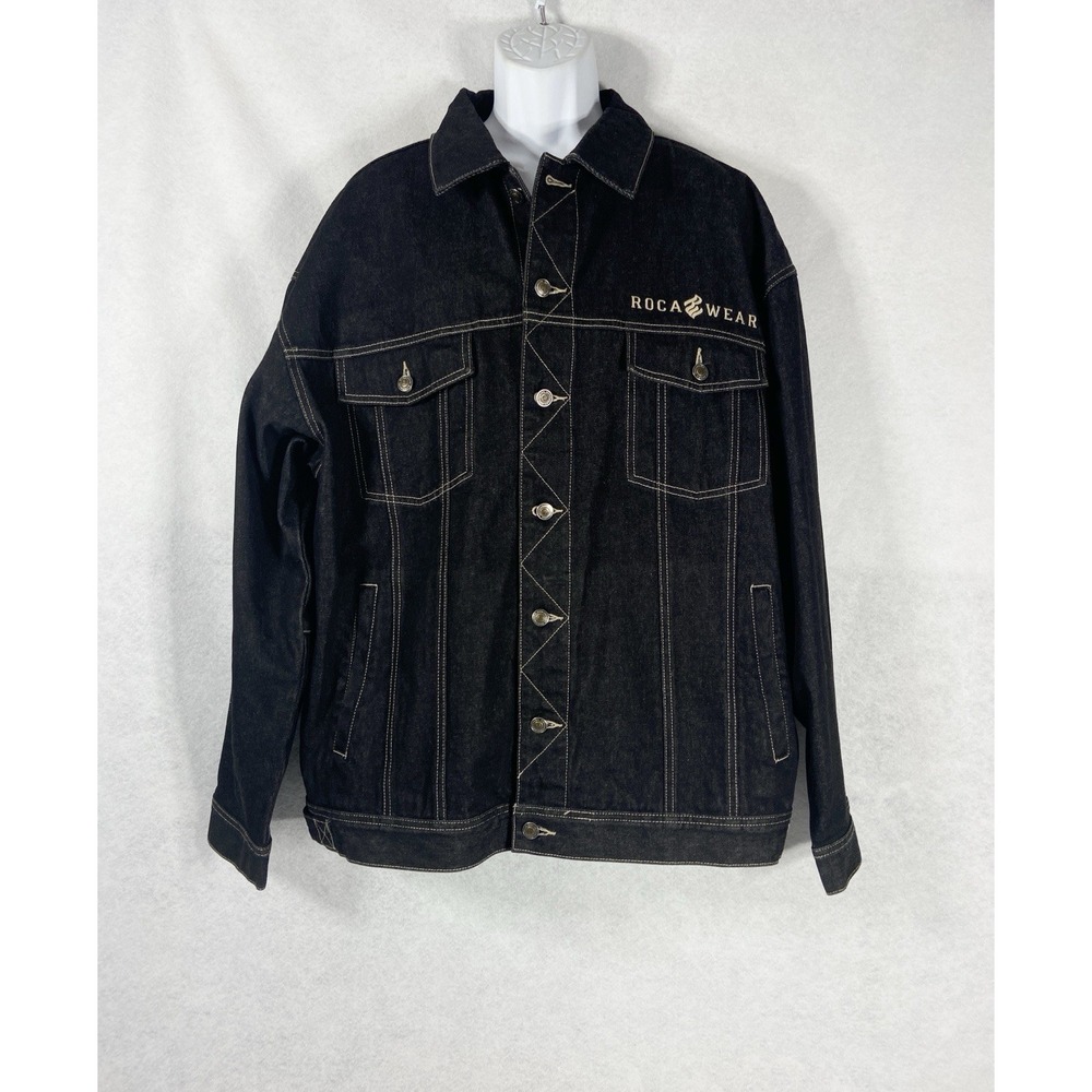 Rocawear Denim Jacket Mens 2XL Black Y2K Hip Hop Streetwear Cotton